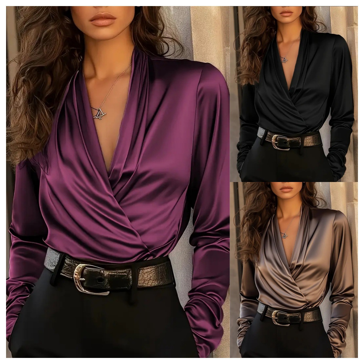 Women Formal Wear Tops - Women's Satin Wrap V Neck Long