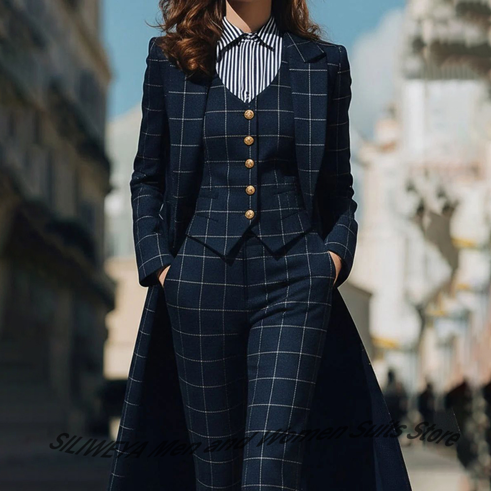 Women Formal Wear With Blazer - Sophisticated Navy Blue Women's Plaid Blazers