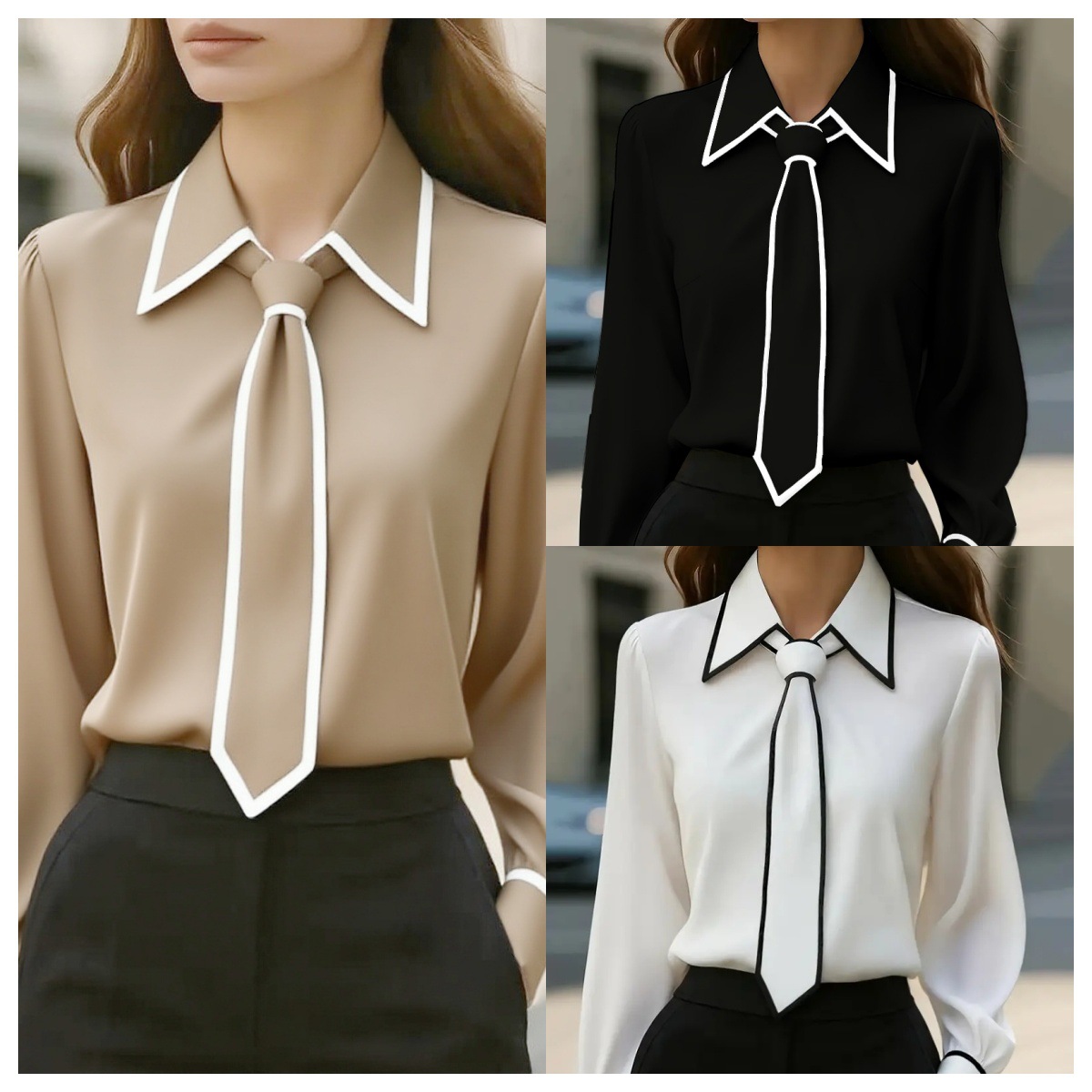 Women Formal Wear Tops - Women's Contrast Trim Tie Neck Blouse