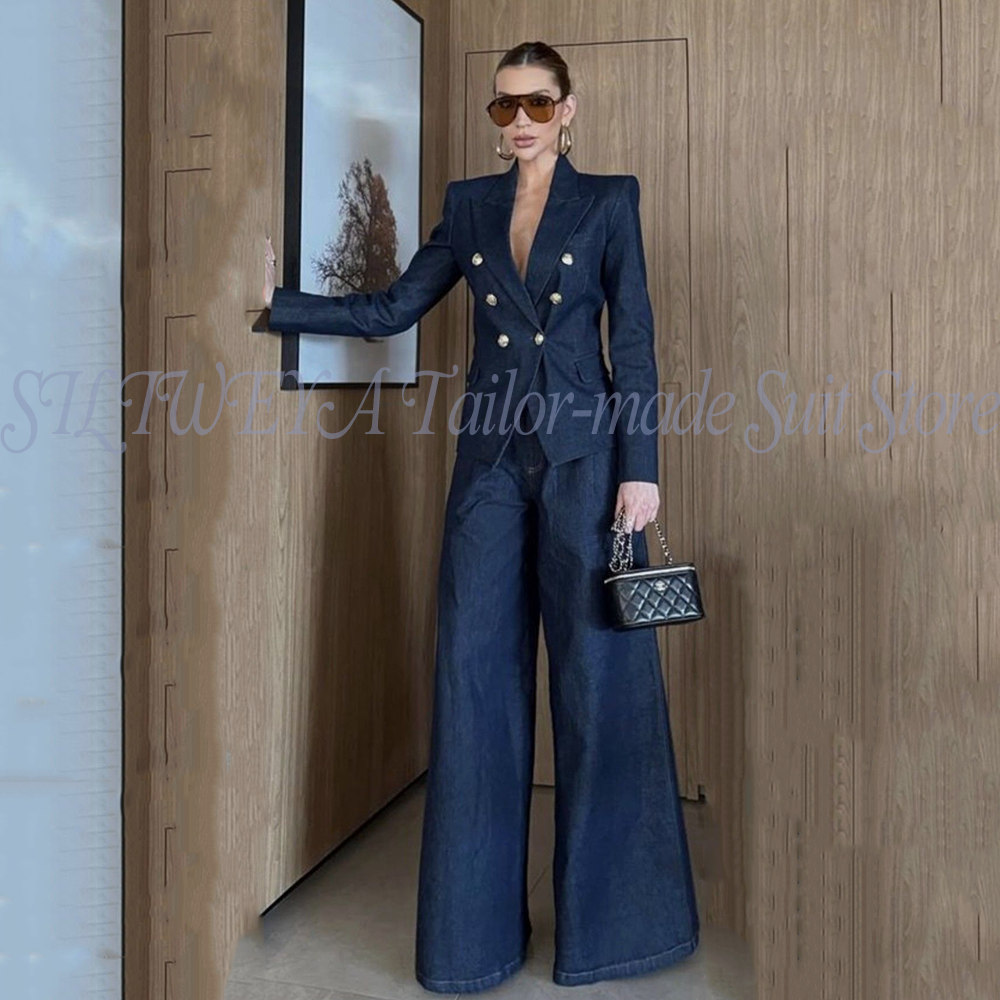 Women Pant Suits Blue Denim 2  - Women Formal Wear Business ulasan dan harga