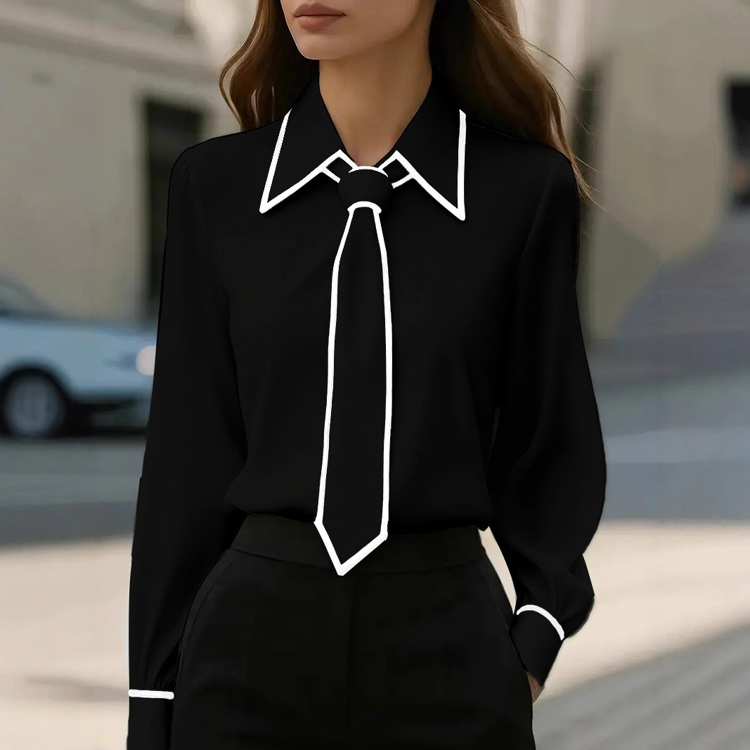 Women's Contrast Trim Tie Neck - Women Formal Wear Tops ulasan dan harga