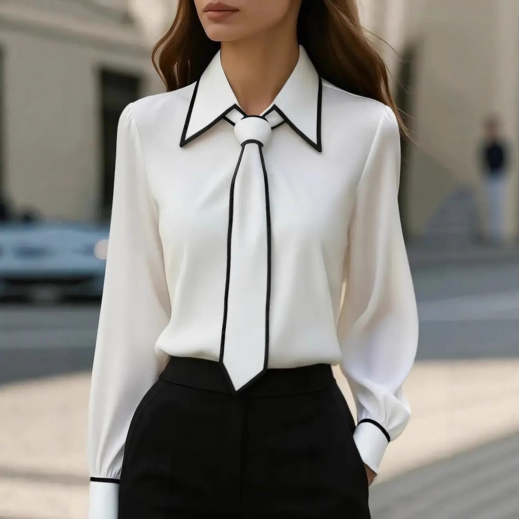 Women's Contrast Trim Tie Neck - Women Formal Wear Tops ulasan dan harga