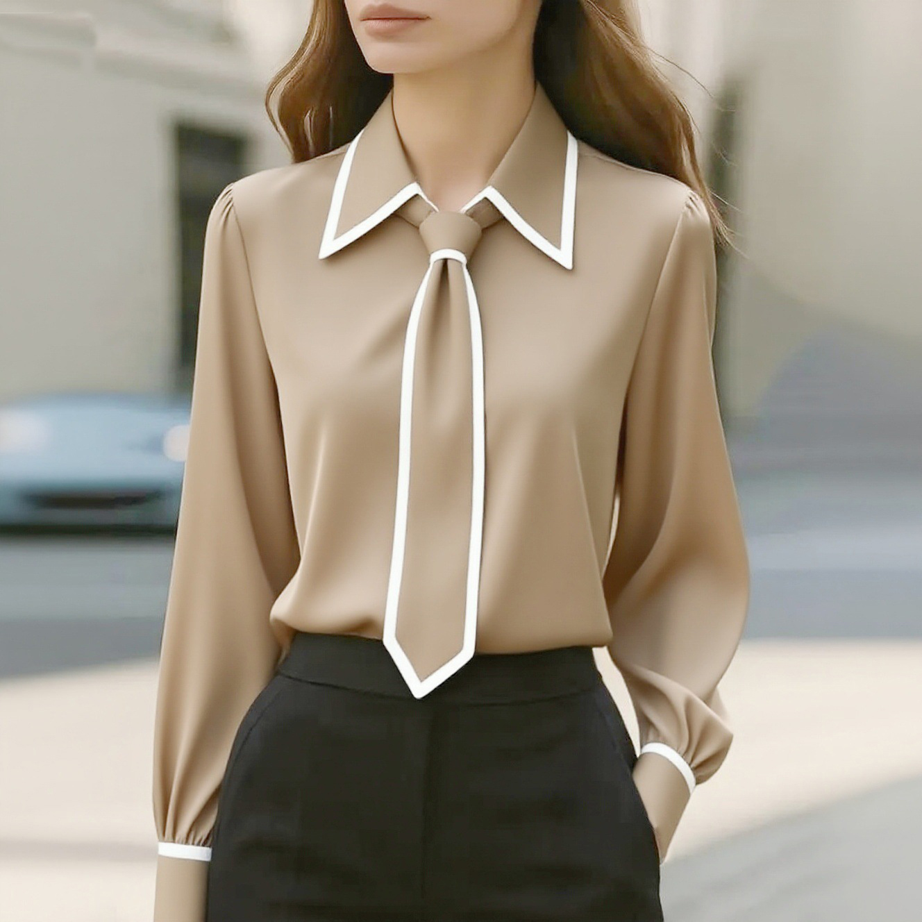 Women's Contrast Trim Tie Neck - Women Formal Wear Tops ulasan dan harga